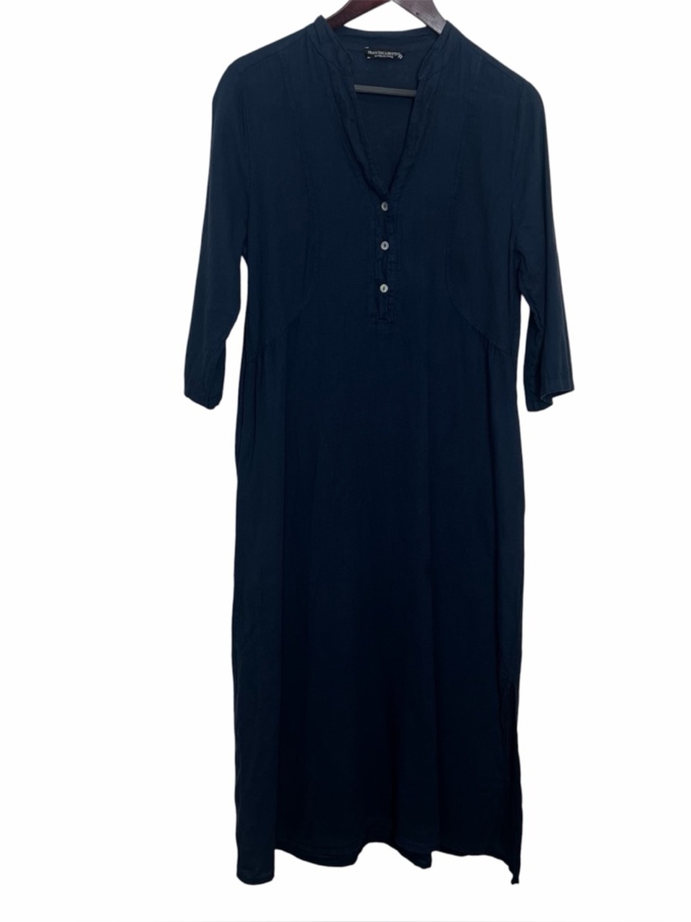 Francesca Bettini Linen Blend Maxi Dress Sz S Navy Blue Roll Tab Sleeve Nautical